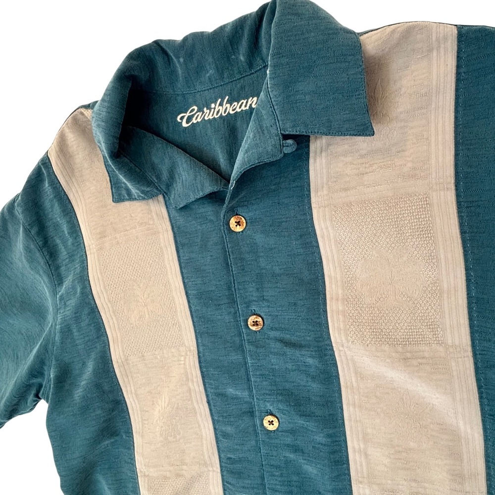 Caribbean Mens Teal Tan Embroidered Panel Camp Shirt Short Sleeve Modal Blend M